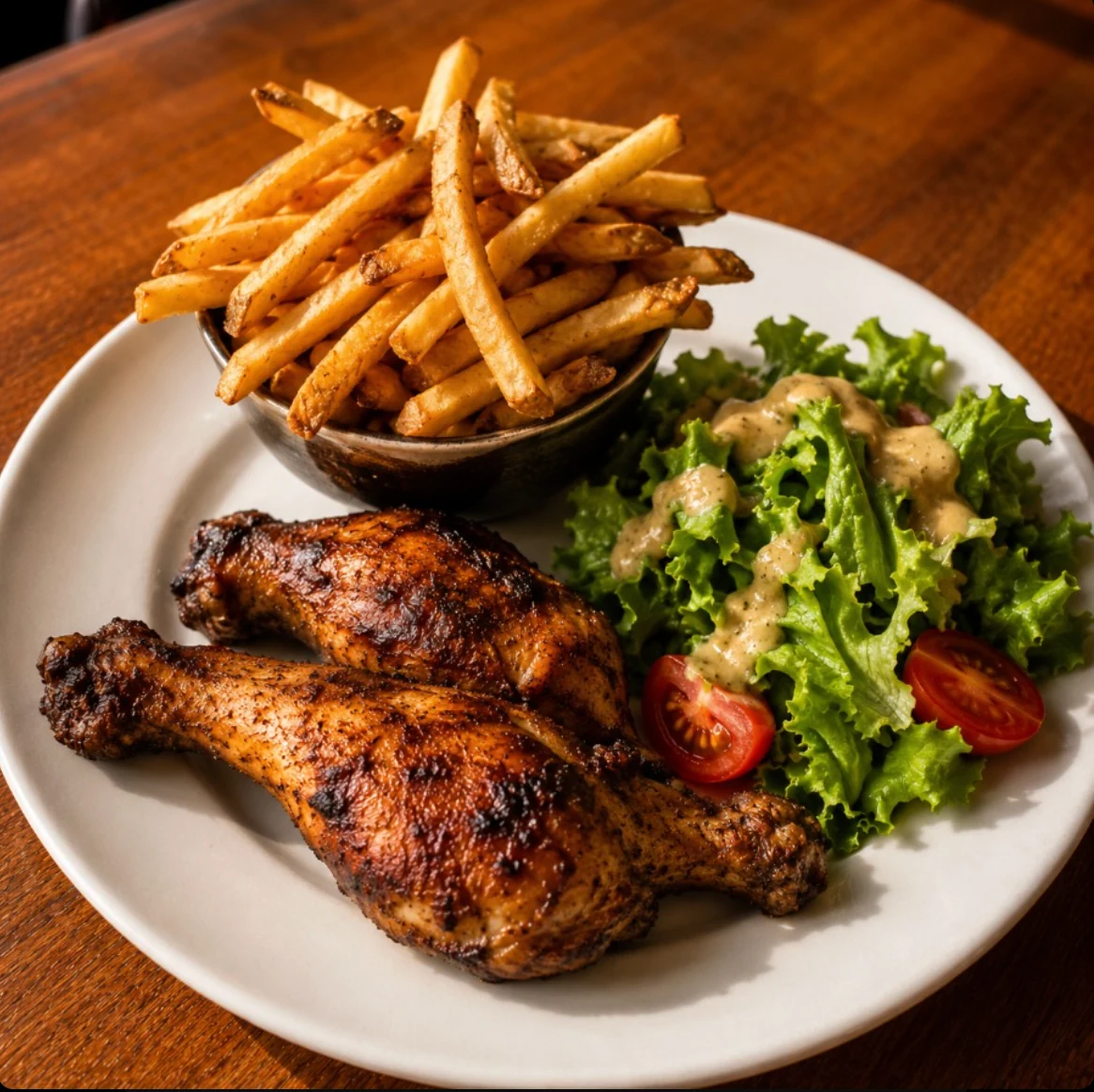 Poulet rôti, frites et salade du Bardock
