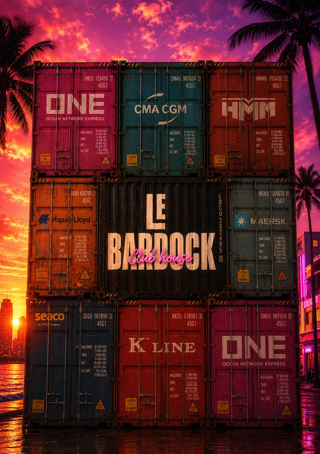 Univers Le Bardock, containers au coucher du soleil